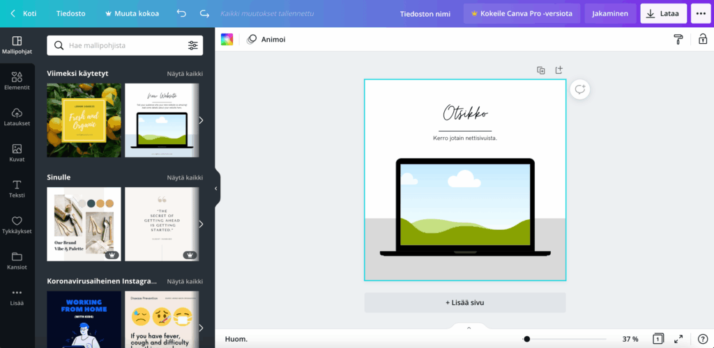 Mallipohja Canvan suunnittelunäkymässä.