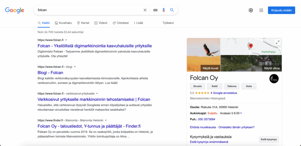 Google My Business Googlen hakutulossivulla