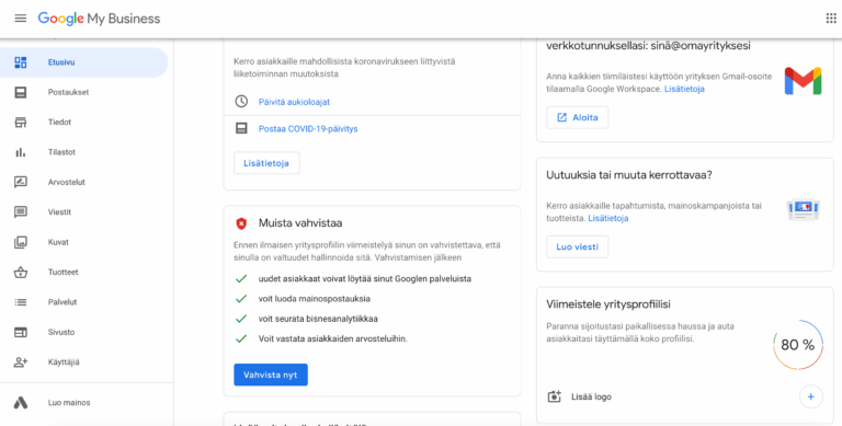 Google My Business yritystilinäkymä