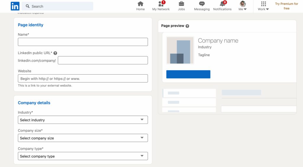 LinkedIn yritysprofiilin luominen. Täydennetään page identity ja company details.
