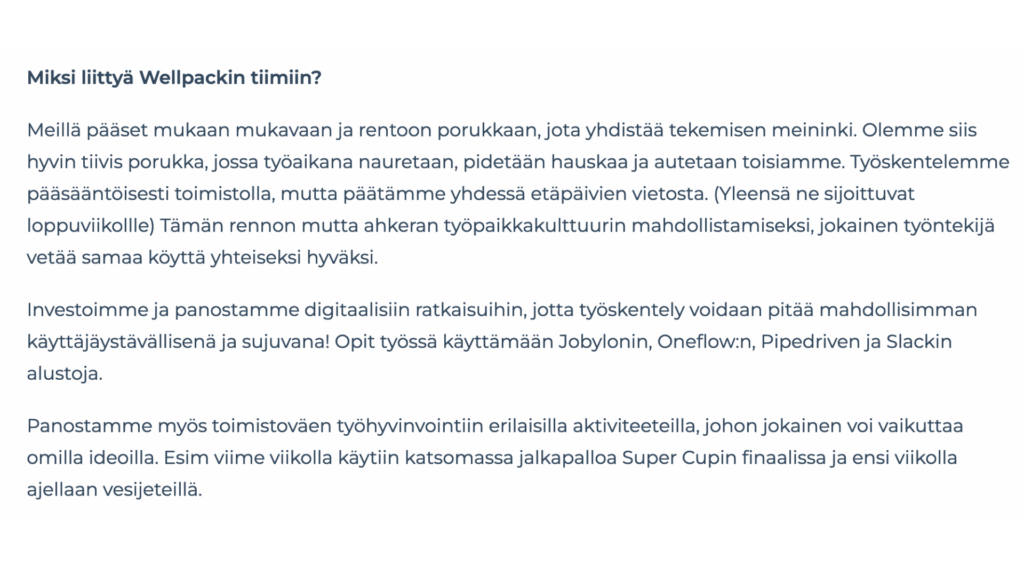 Hyvä työpaikkailmoitus - Wellpackin rekrytointikonsultin ilmoitus esimerkkinä