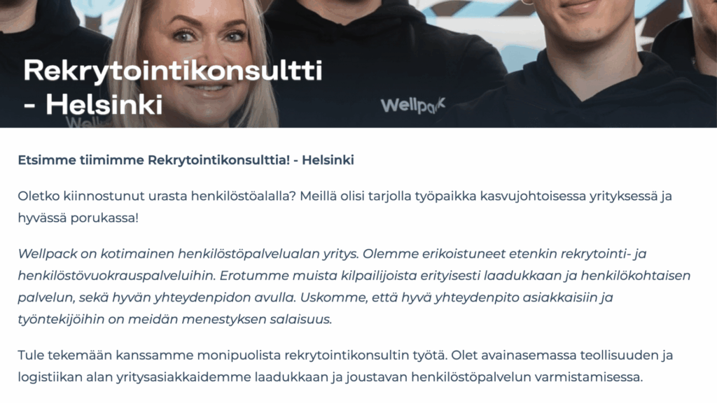 Wellpackin sivuilla oleva työpaikkailmoitus rekrytointikonsultin pestistä.