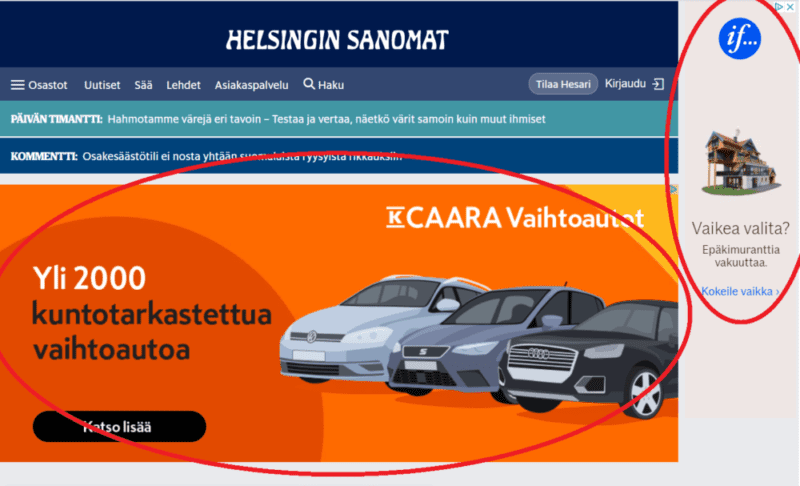 Helsingin Sanomien etusivu, ympyröity mainokset