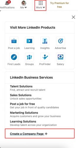 LinkedIn yritysprofiilin luominen. Klikkaa work ja create company page.